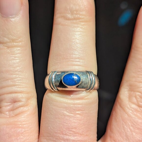 Lapis Lazuli Bezel Sterling Silver Ring Boho Chunky Thick 925 Size 9 Vintage - Picture 1 of 9